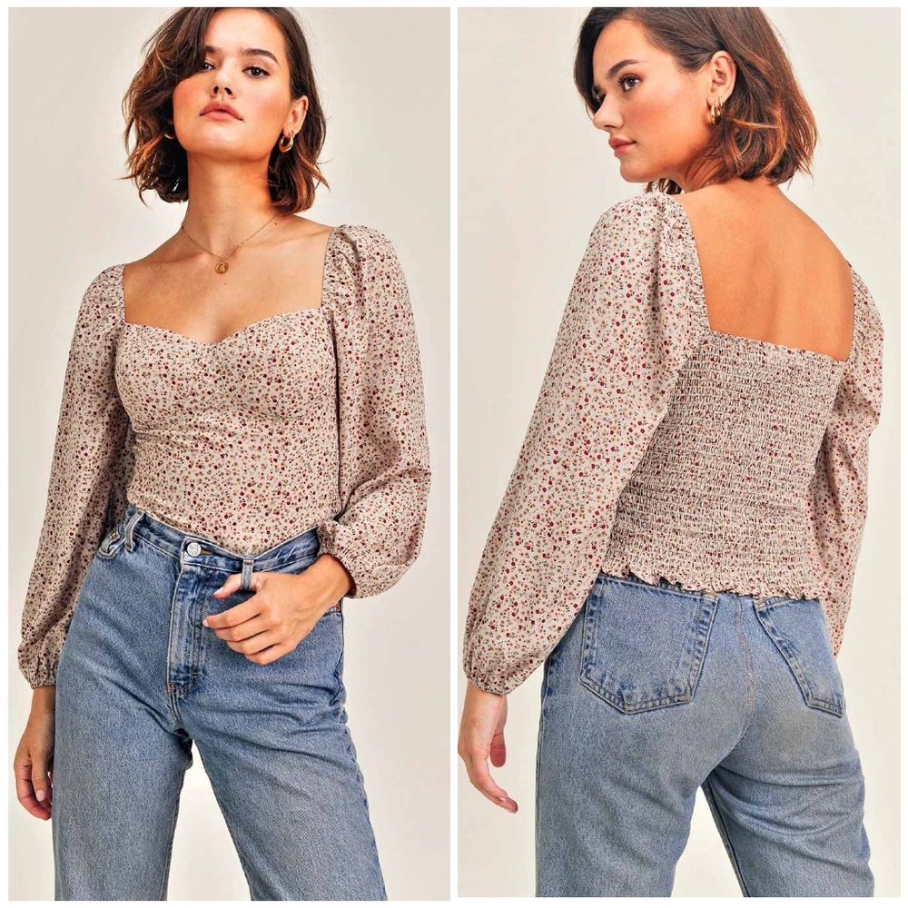 RESET By Jane Vintage Chic Beige Floral  Long Sleeves Top